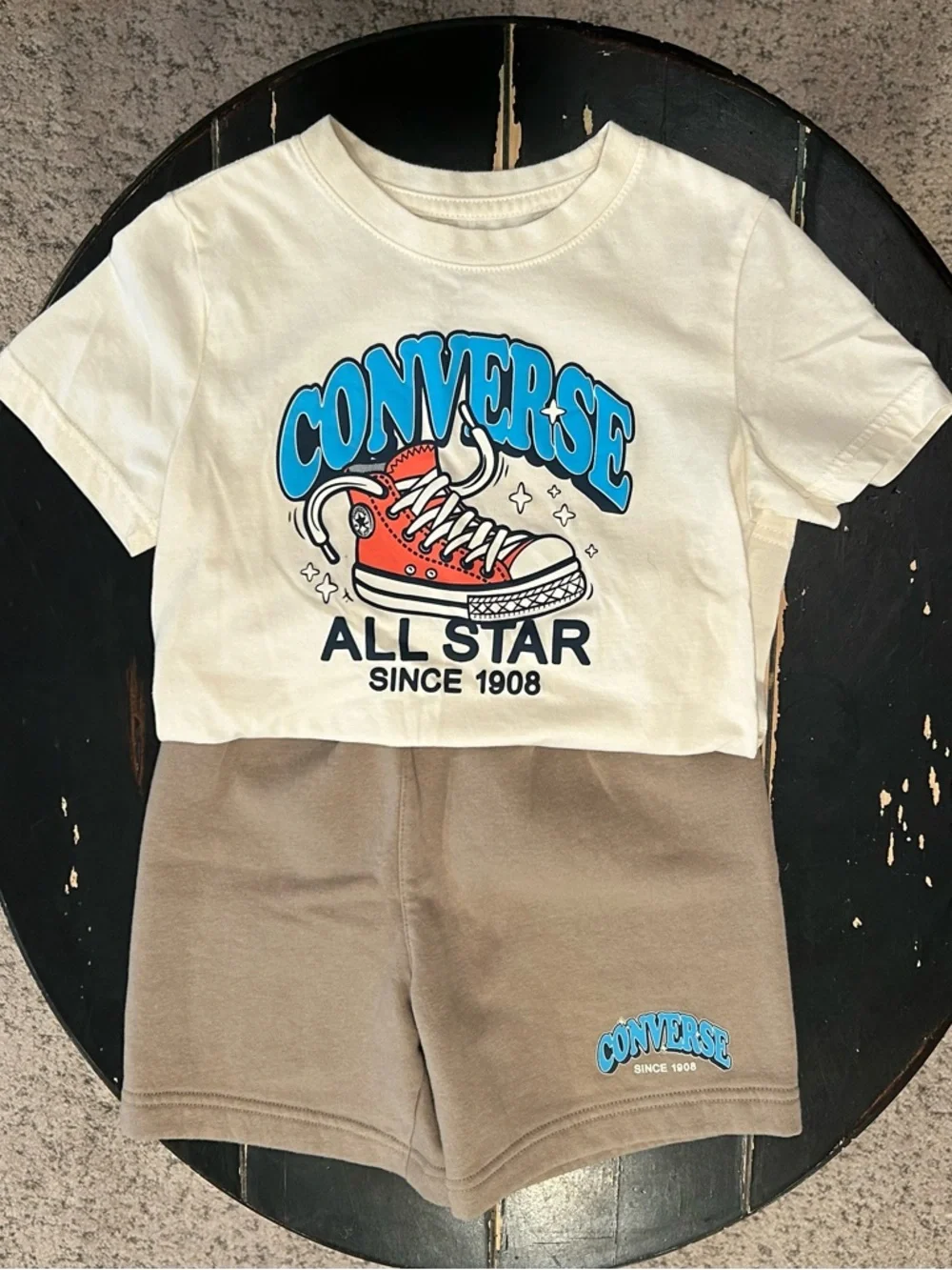 Converse Cream Tee with Blue Logo and Red Sneaker Graphic Boys Size 7